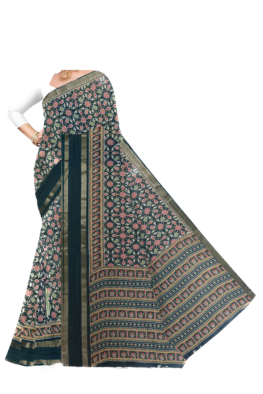 AI drape preview of a printed saree worn by a model
