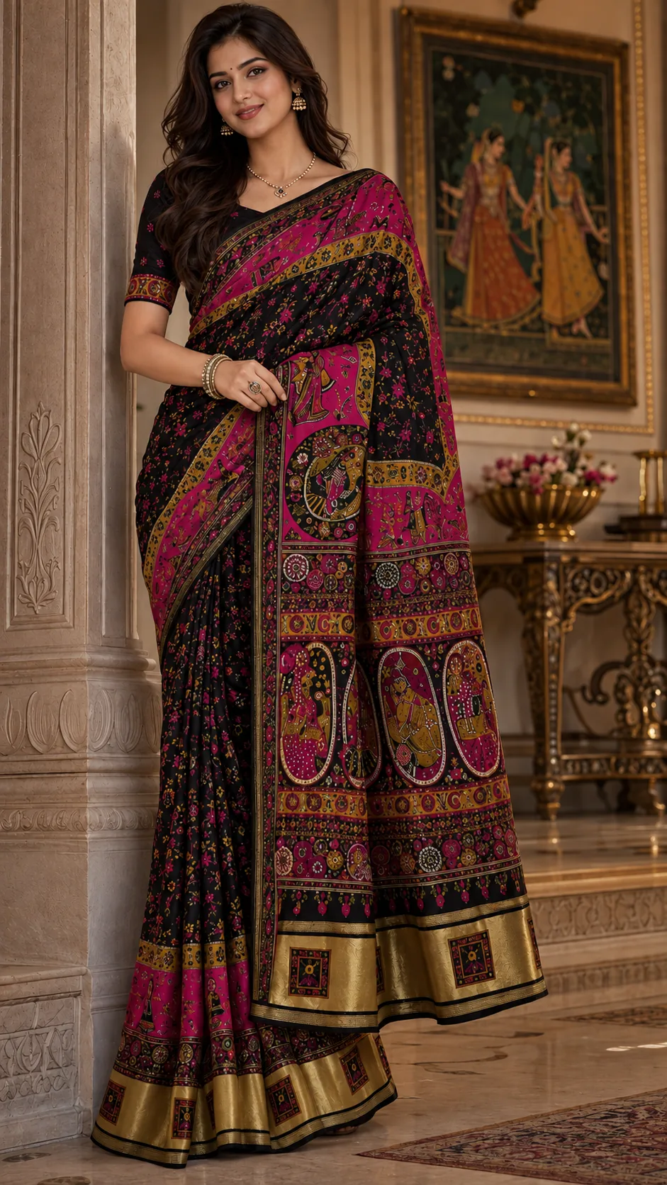 AI generated model wearing a black, magenta and gold traditional printed silk saree on a creamy studio background