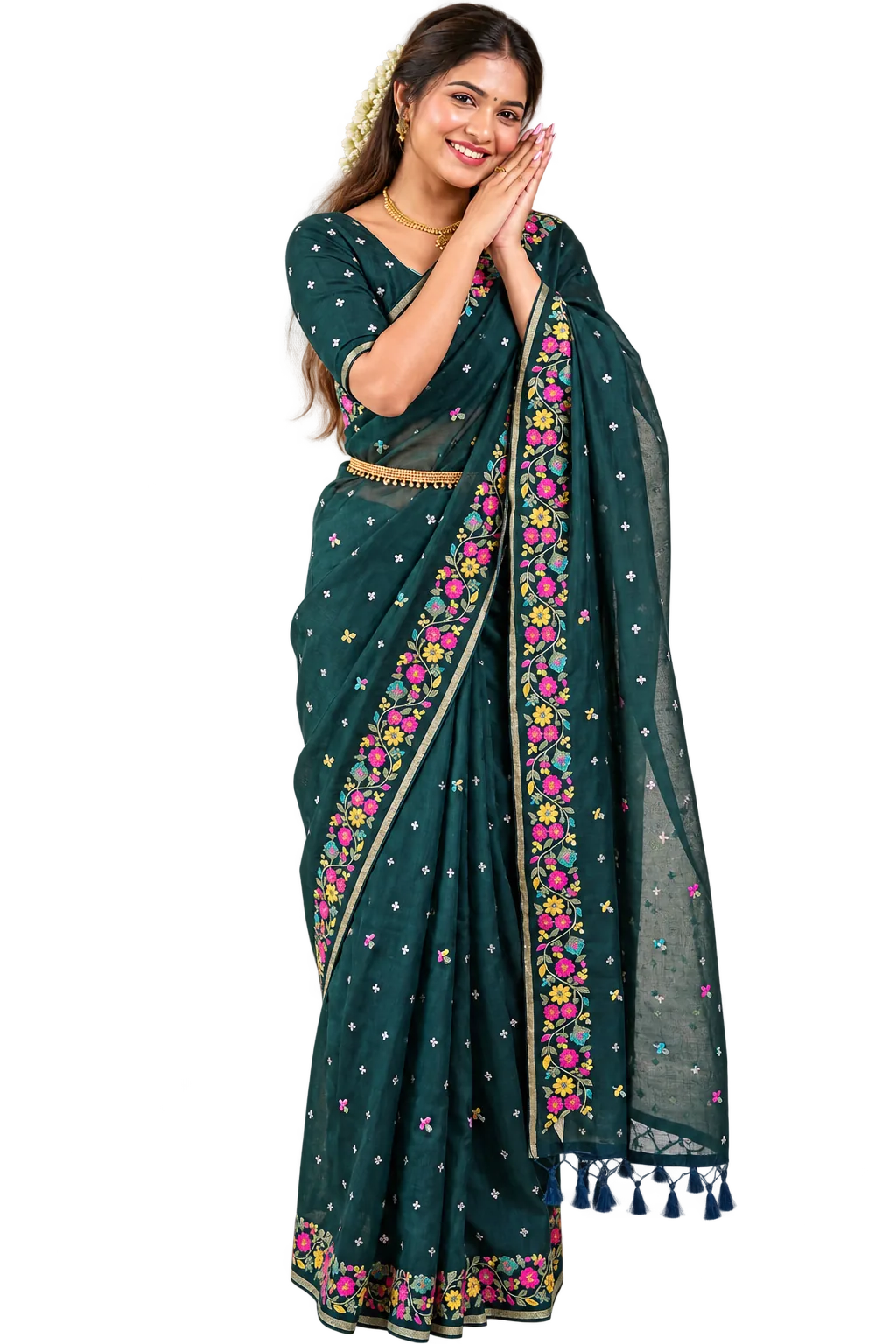 Saree model — Emerald zari drape