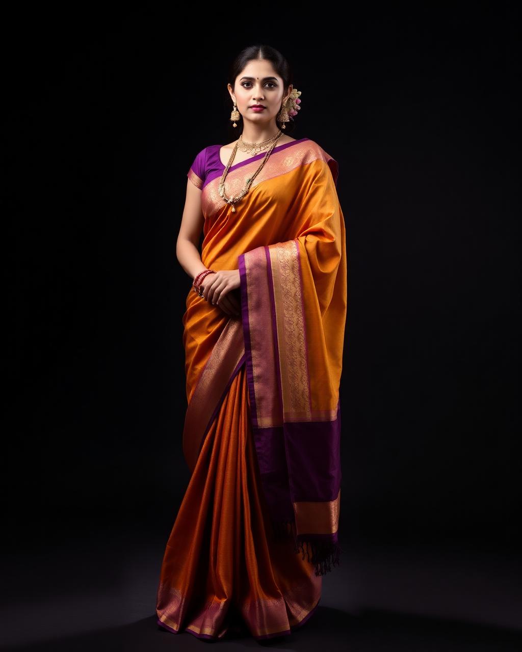Maharashtrian (Nauvari) saree catalogue shot on Solid black studio