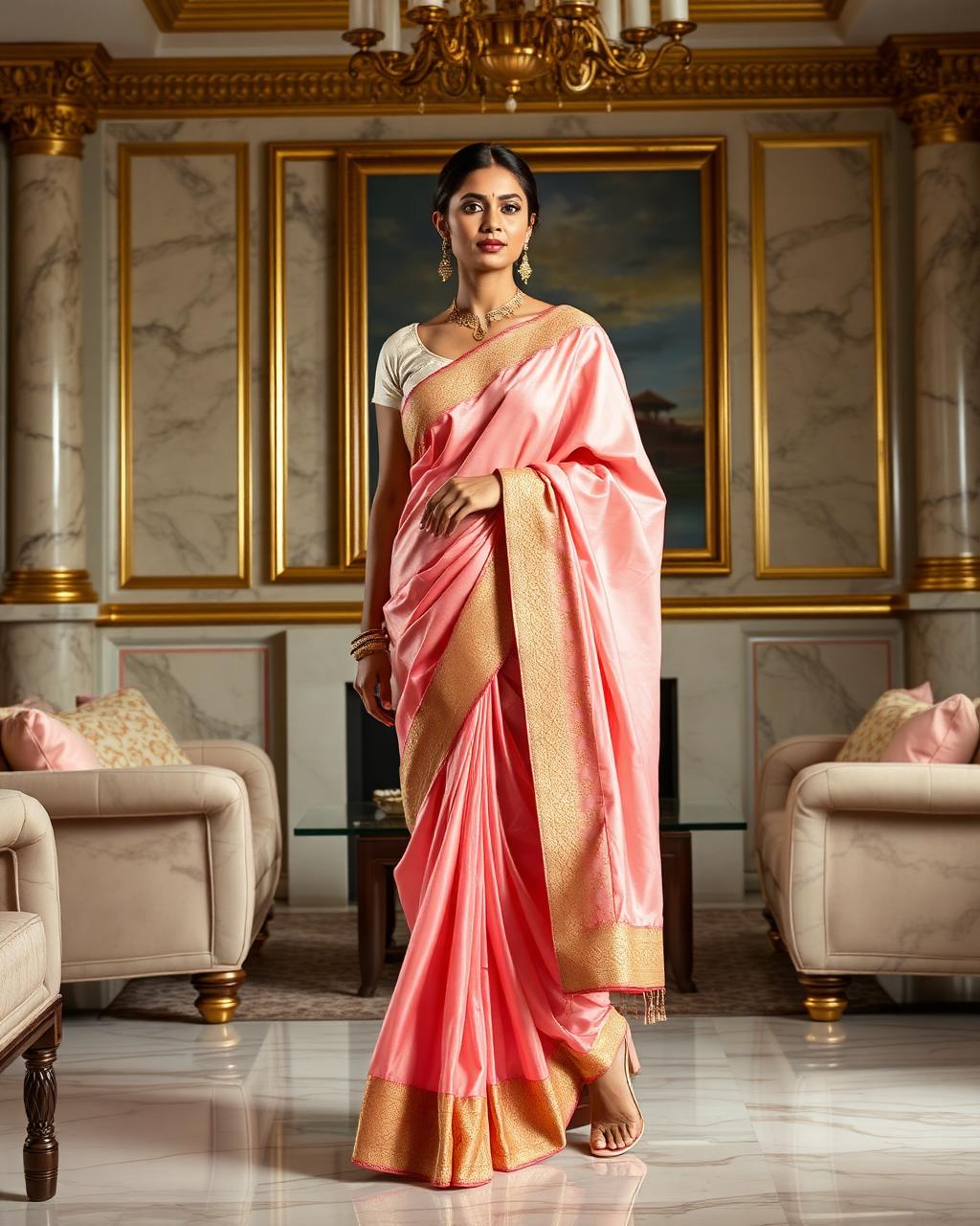 Gujarati (Siddha Pallu) saree catalogue shot on Luxury living room
